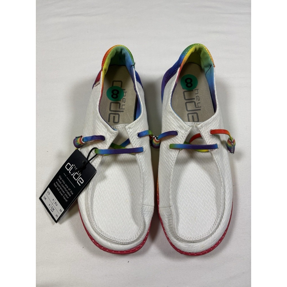 Hey Dude Wendy Pride Collection White Woven Loafers Rainbow Sole Laces Women 8